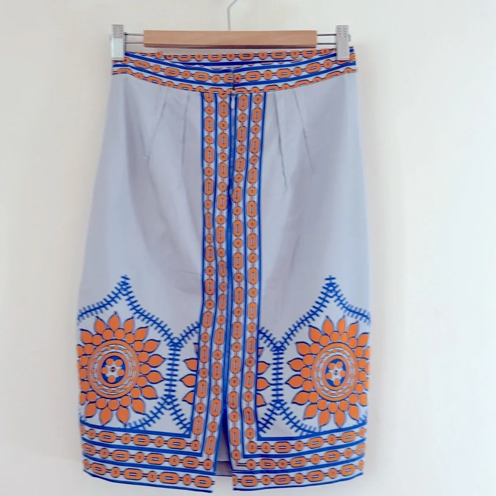 Anthropologie Plenty by Tracy Reece orange & blue mandala pencil skirt, Size 2. - Picture 4 of 10